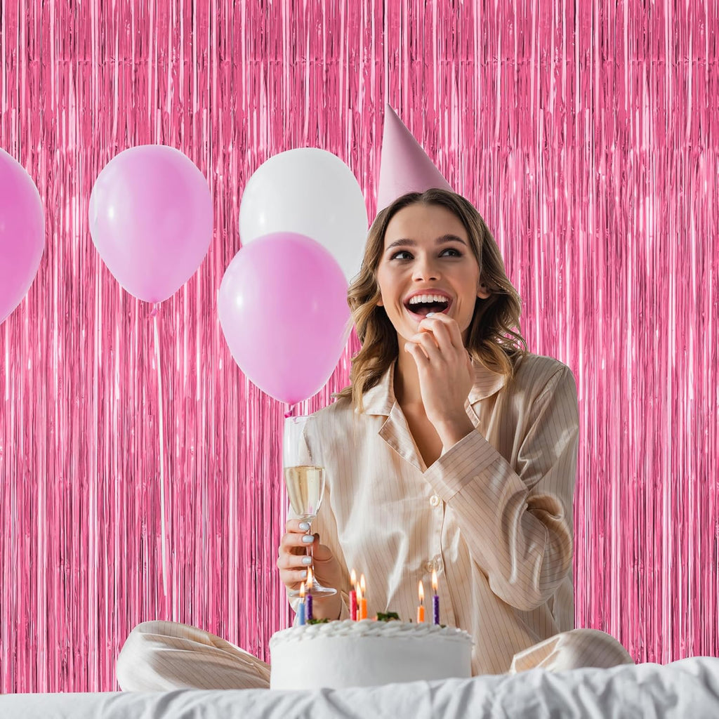 Skiennix Pink Backdrop - 8 Pack Metallic Foil Curtains for Birthday & Valentine's Day | 3.28 FT x 7.05 FT
