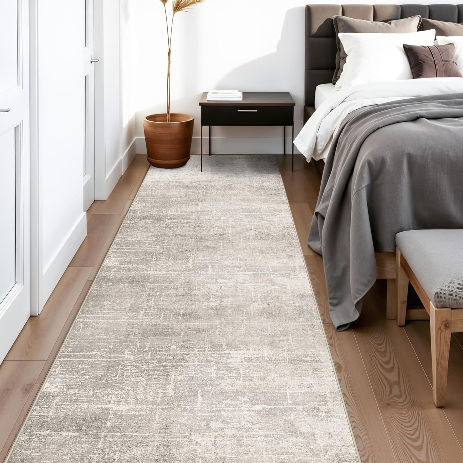 **Regine Switzerland Washable Runner Rug - Stain Resistant Abstract Design | 2'6"x14" Beige/Cream Soft Indoor Mat**