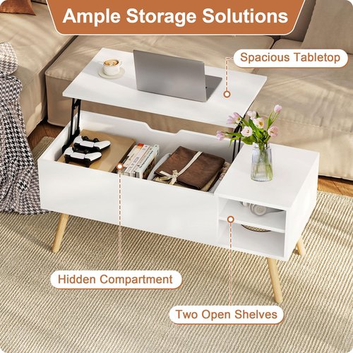 ALINE FURNITURE White Coffee Table Lift Top - Coffee Table with Solid Wood Legs, Hidden Storage Compartment & Open Shelves - 40" Lift Up Coffee Tables for Living Room