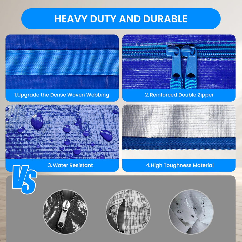 Simple Deluxe 6 Pack Extra Large Moving Bags with Backpack Straps, Strong Handles/Zippers, Heavy Duty Storage Tote For Moving Travel Camping Space Saving, Blue