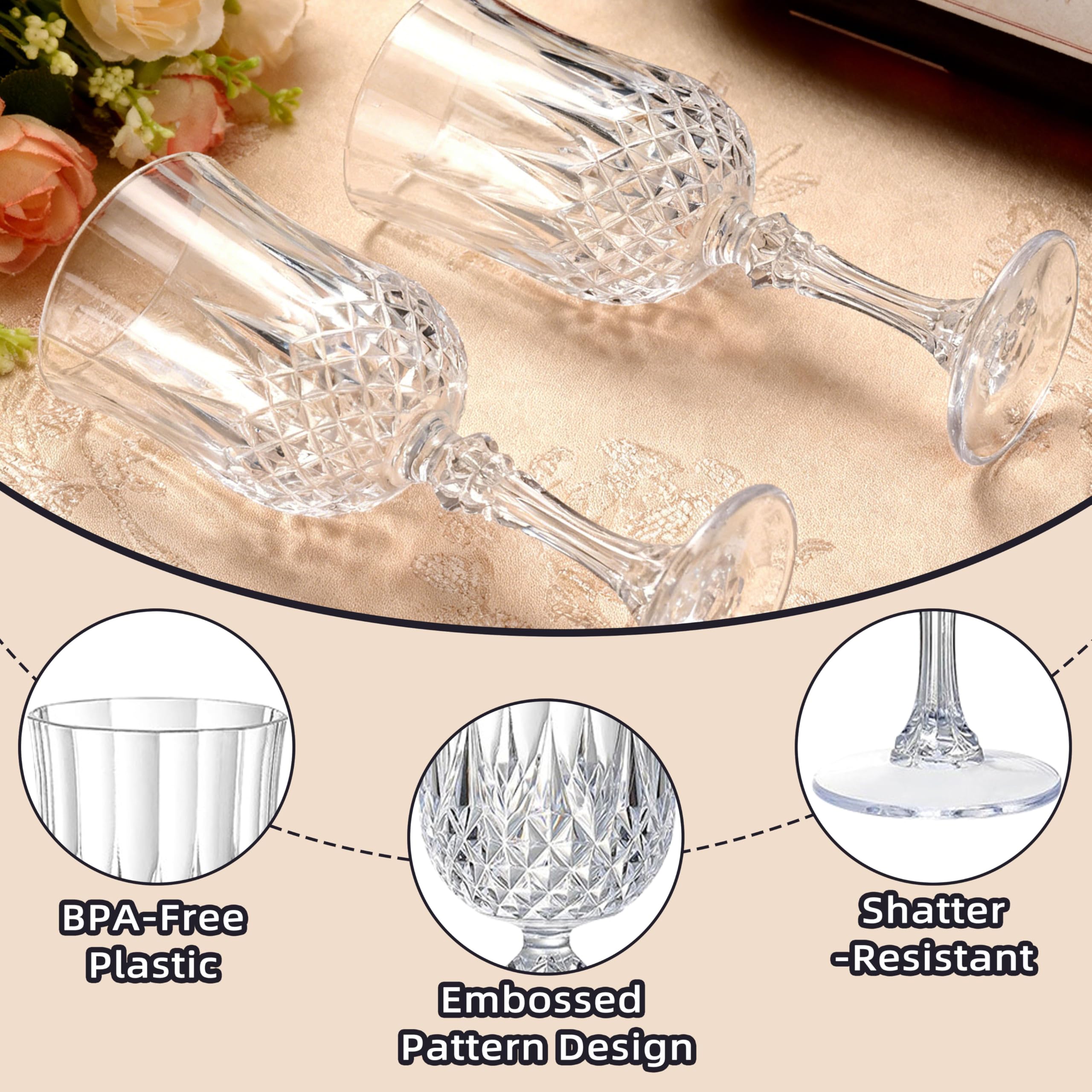 JUSONEY 7oz Vintage-Inspired Plastic Wine Glasses | 48-Piece Crystal Textured Plastic Goblets，Disposable Wine Glasses for Weddings, Parties & Elegant Events(48-Pink)