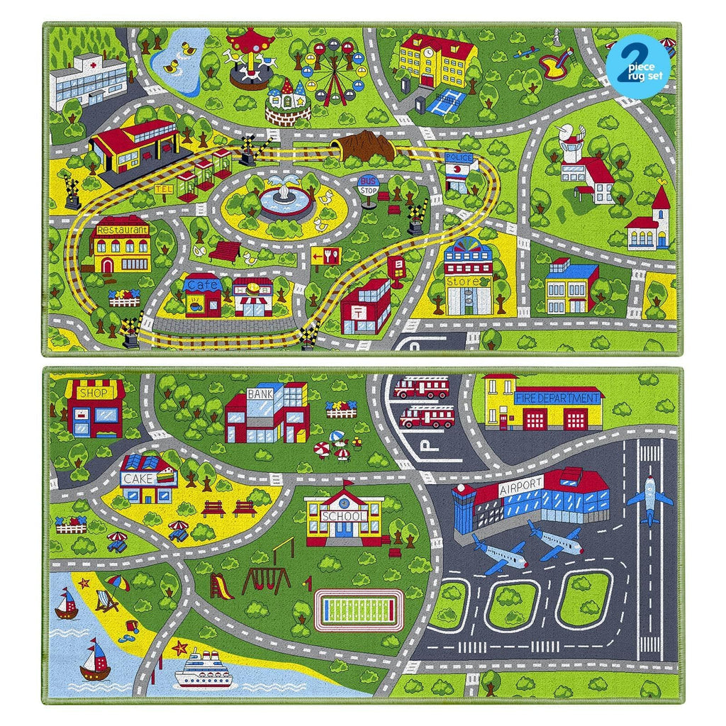 Booooom Jackson 2 Pack Car Rug,Non Slip Train Track Car Mat,Durable Road Play Area Kids Rug,Vibrant Kids Carpet for Playroom,Bedroom,Easy Store and Clean