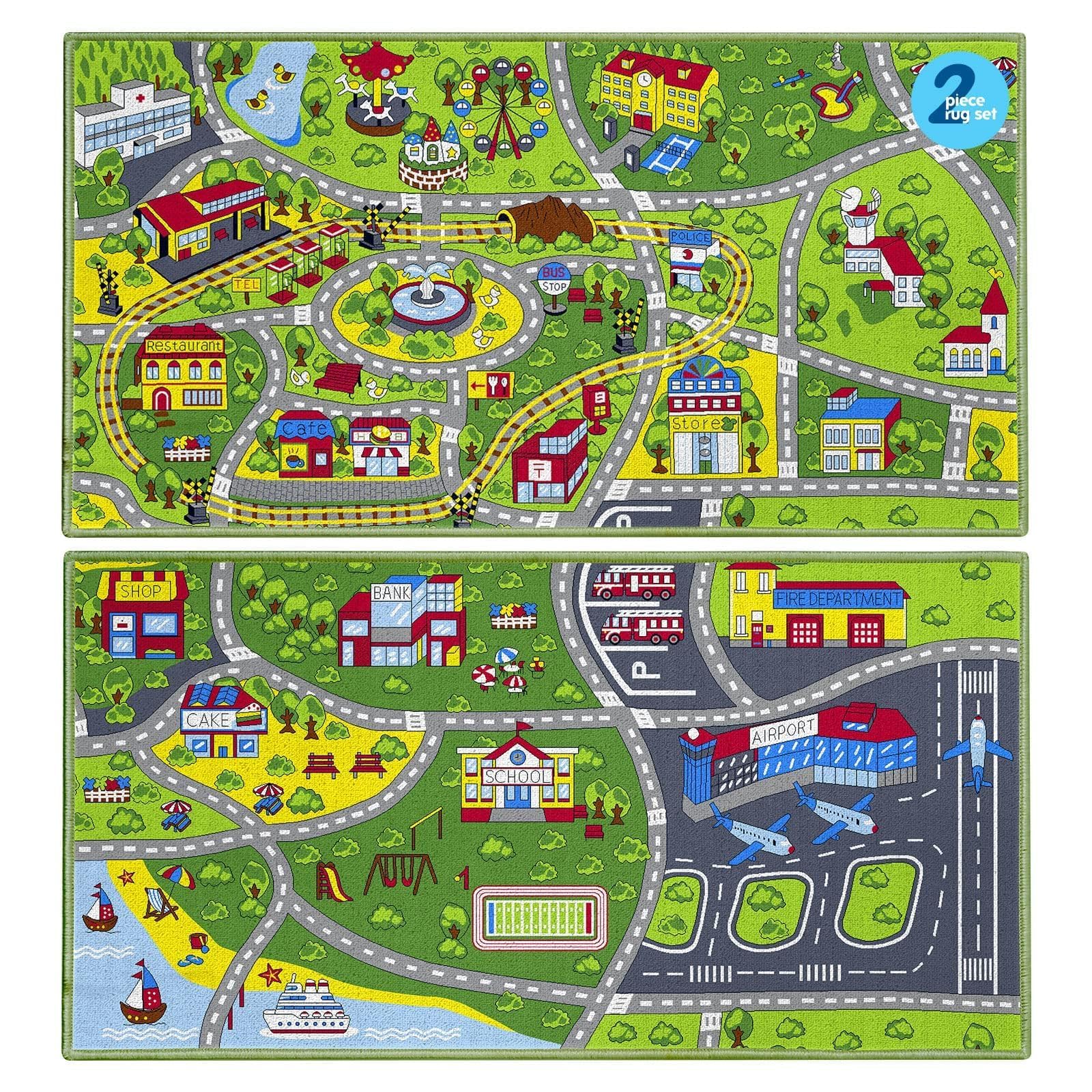Booooom Jackson 2 Pack Car Rug,Non Slip Train Track Car Mat,Durable Road Play Area Kids Rug,Vibrant Kids Carpet for Playroom,Bedroom,Easy Store and Clean