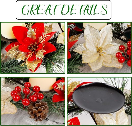 Joliyoou Christmas Tabletop Centerpiece - 17.5" Poinsettia Candle Holder with 3 Battery-Operated Lights