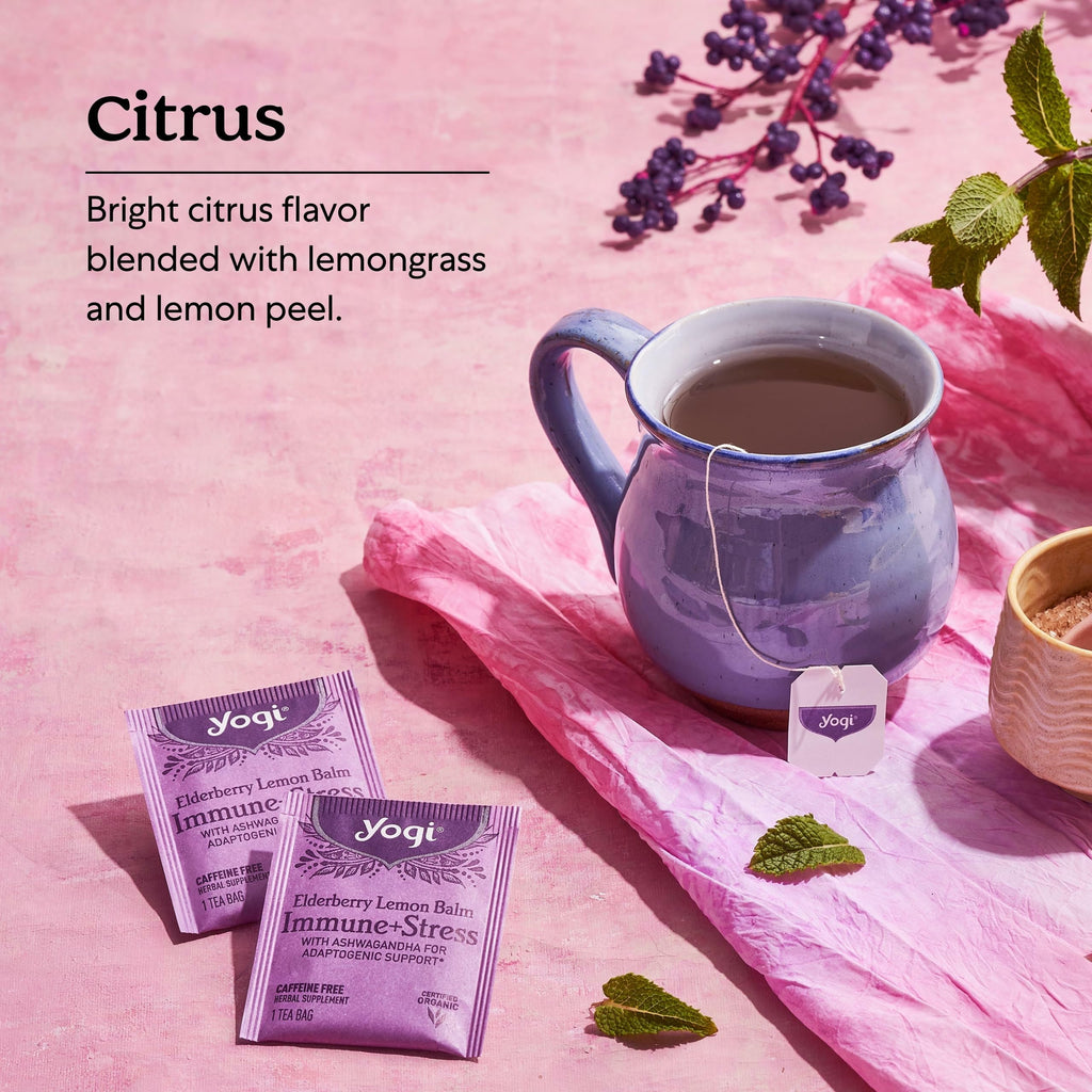 Yogi Tea Elderberry Lemon Stress & Immune Support Tea - 16 Tea Bags, 4 Packs - With Ashwagandha, Lemongrass, Licorice Root & More
