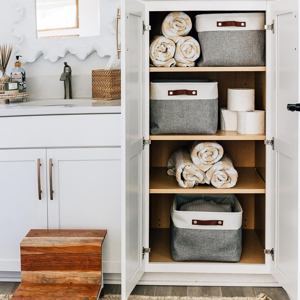 OrganiHaus Extra Large Fabric Storage Baskets - 3 Pack Canvas Organizers for Shelves | 16x13in Gray/Off-White