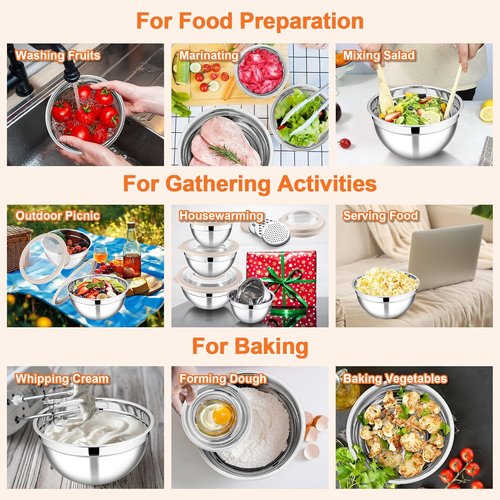 E-far Stainless Steel Mixing Bowls Set of 5 - Transparent Lids & 3 Graters for Kitchen Prep | Khaki