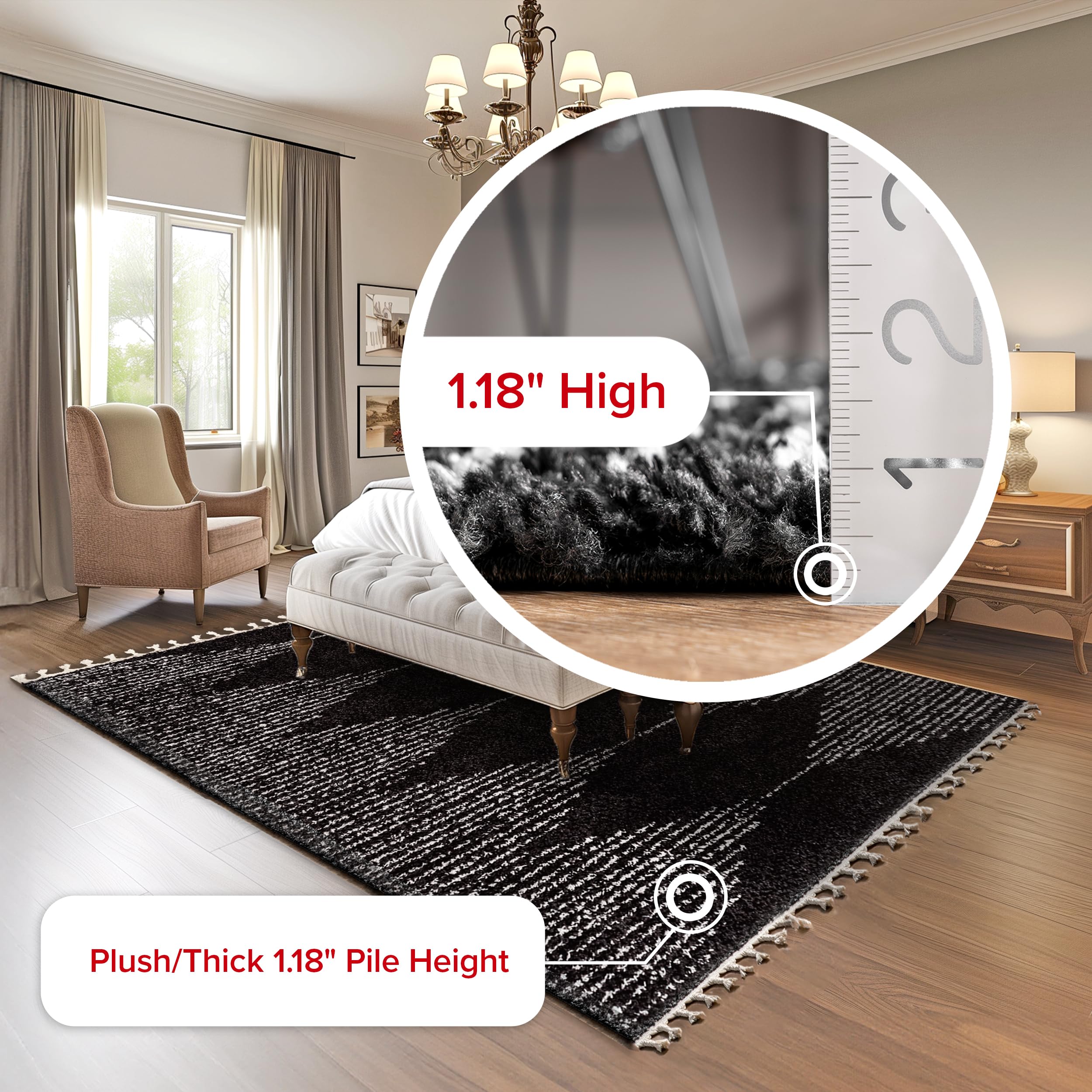 nuLOOM Bria Moroccan Shag Tasseled Area Rug - 4x6 Shag Area Rug Modern/Contemporary Black/Ivory Rugs for Living Room Bedroom Dining Room Nursery