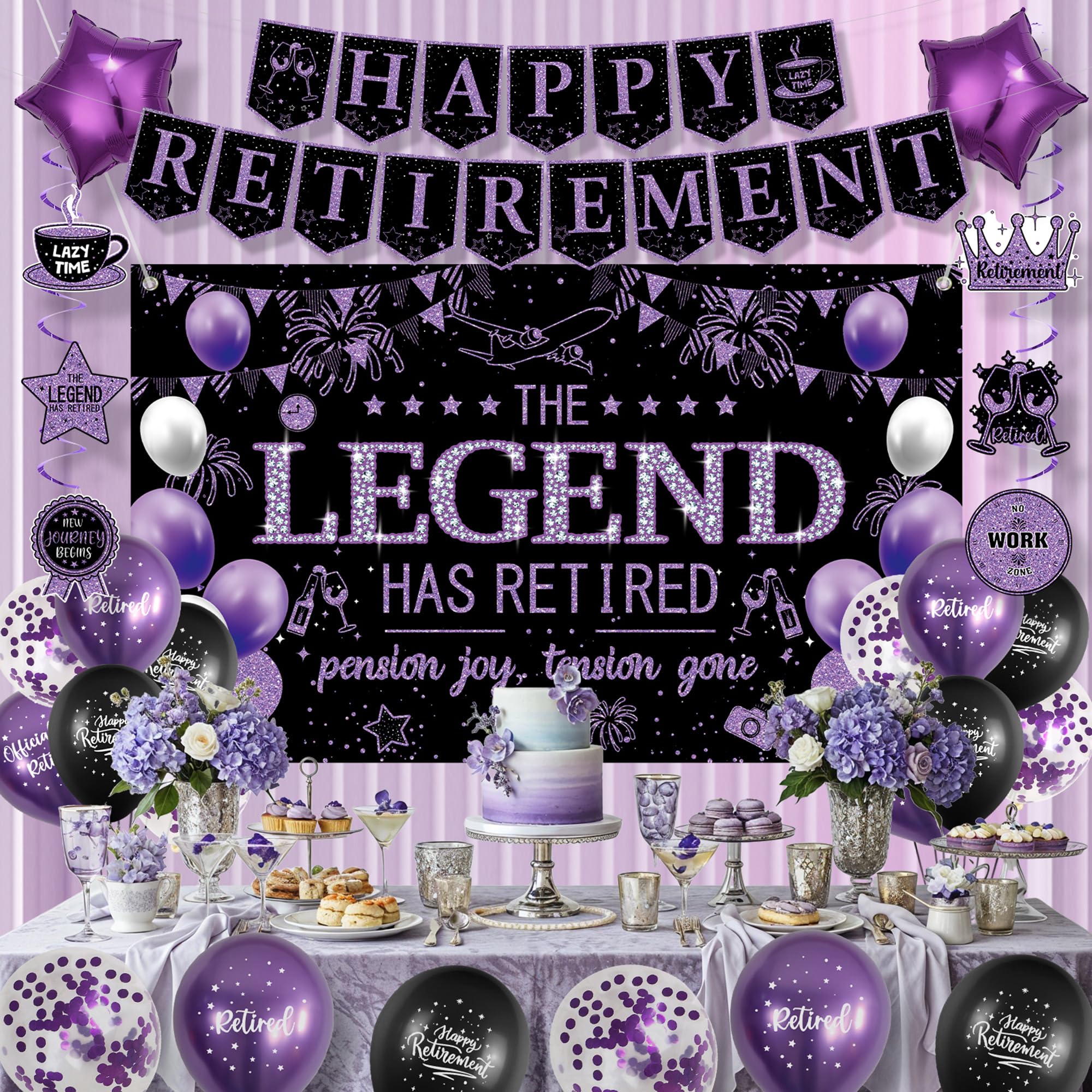Roetyce Retirement Party Decorations Women, Black and Purple Happy Retirement Banner Backdrop Balloons Hanging Swirls for Coworker, Lengend Has Retired Sash & Crown, Office Retired Background