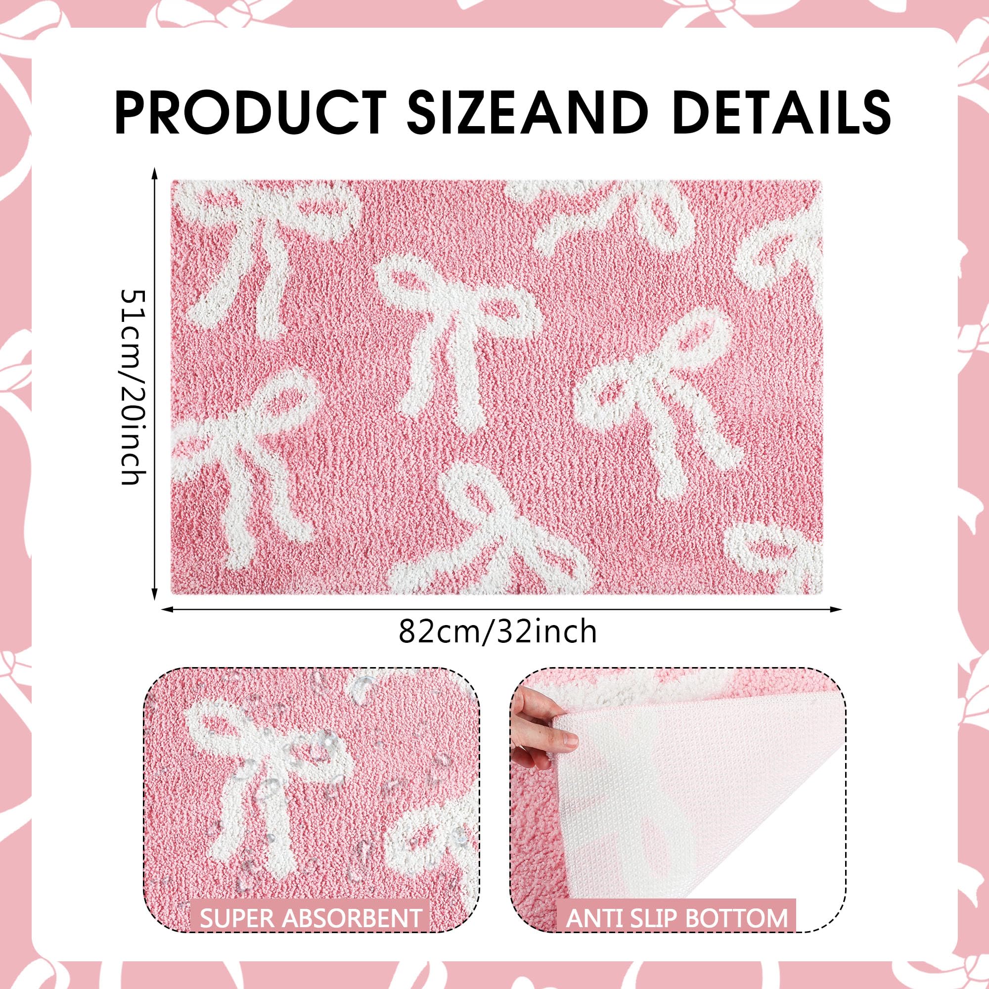 Tinideya Pink Bow Bathroom Rug 20 x 32 Inch Coquette Cute Bath Mat for Bathroom Non Slip Absorbent Bow Bath Mat for College Dorm Vanity Shower Bedroom Kitchen Bedroom Decor Valentine's Day Gifts