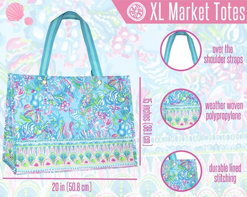 Lilly Pulitzer Blue/Green XL Market Shopper Bag, Oversize Reusable Grocery Tote with Comfortable Shoulder Straps, Aqua La Vista