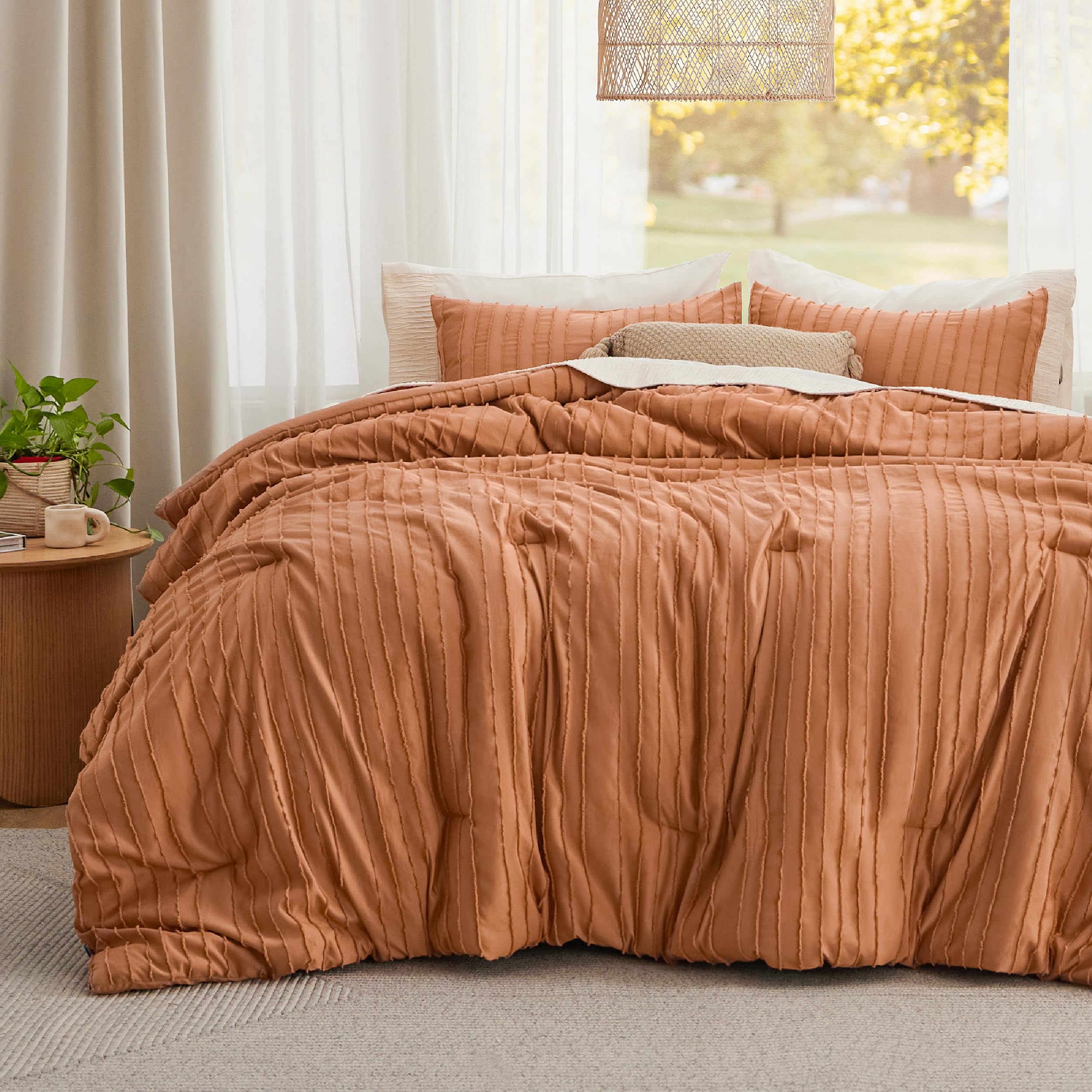Bedsure Boho Comforter Set Queen - Pumpkin Tufted Bedding Comforter Set, 3 Pieces Farmhouse-Style Distressed Vintage Embroidery Bed Set, Striped Pattern Comforter for All Seasons