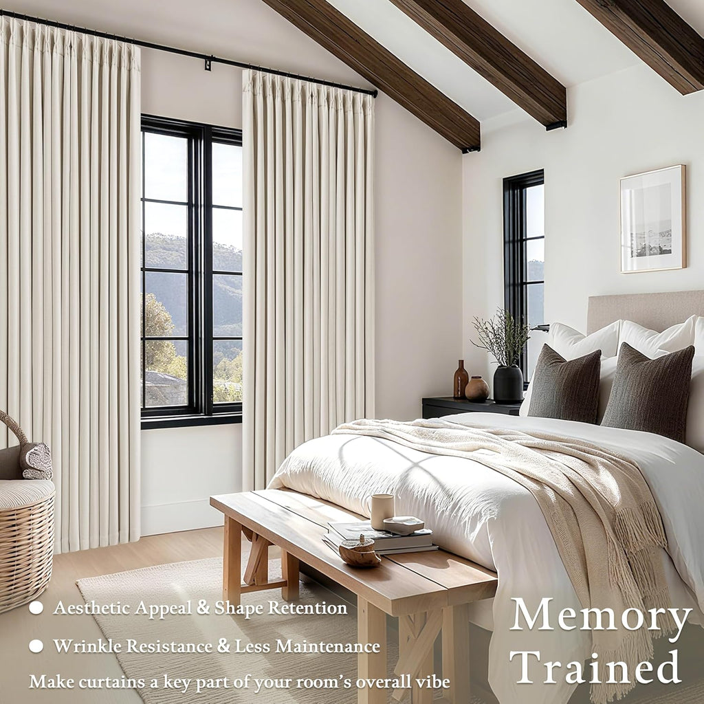 Skiennix 100% Blackout Linen Curtains - Pinch Pleat Design | 96 Inch Length, Cream Ivory Color, 2 Panels