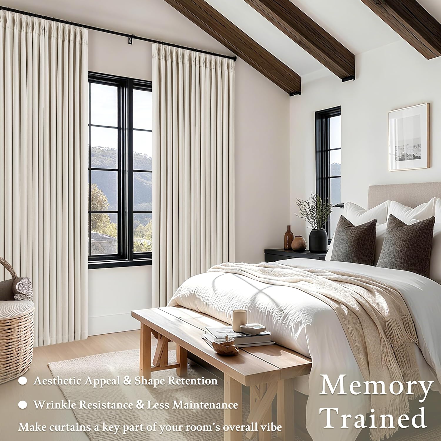 Skiennix 100% Blackout Linen Curtains - Pinch Pleat Design | 96 Inch Length, Cream Ivory Color, 2 Panels