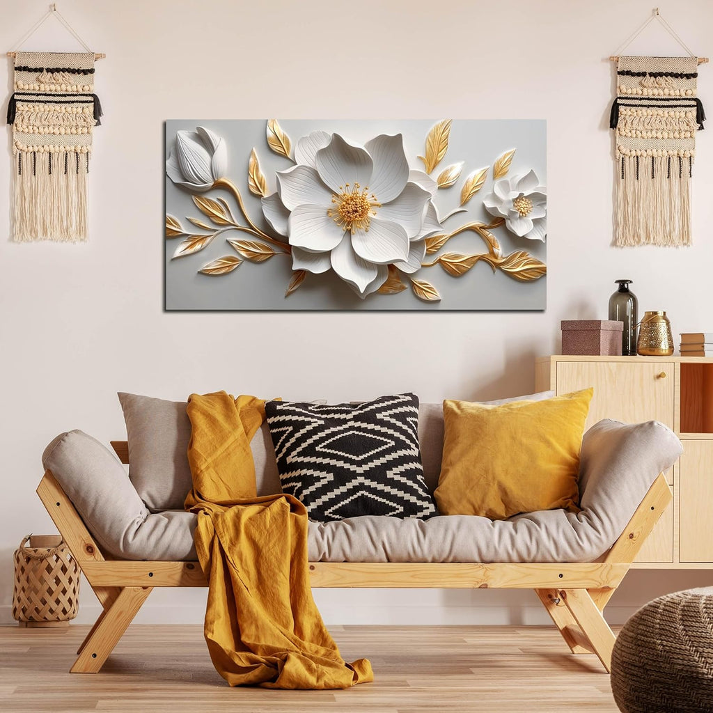 Skiennix Canvas Wall Art - Large White and Gold Floral Artwork for Living Room | 20x40 In Framed Decor