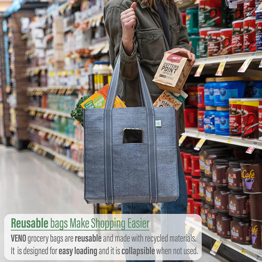 VENO Reusable Grocery Bags - Heavy-Duty Shopping Bags with Handles | Foldable & Upright Design (Gray, 4 Pack)