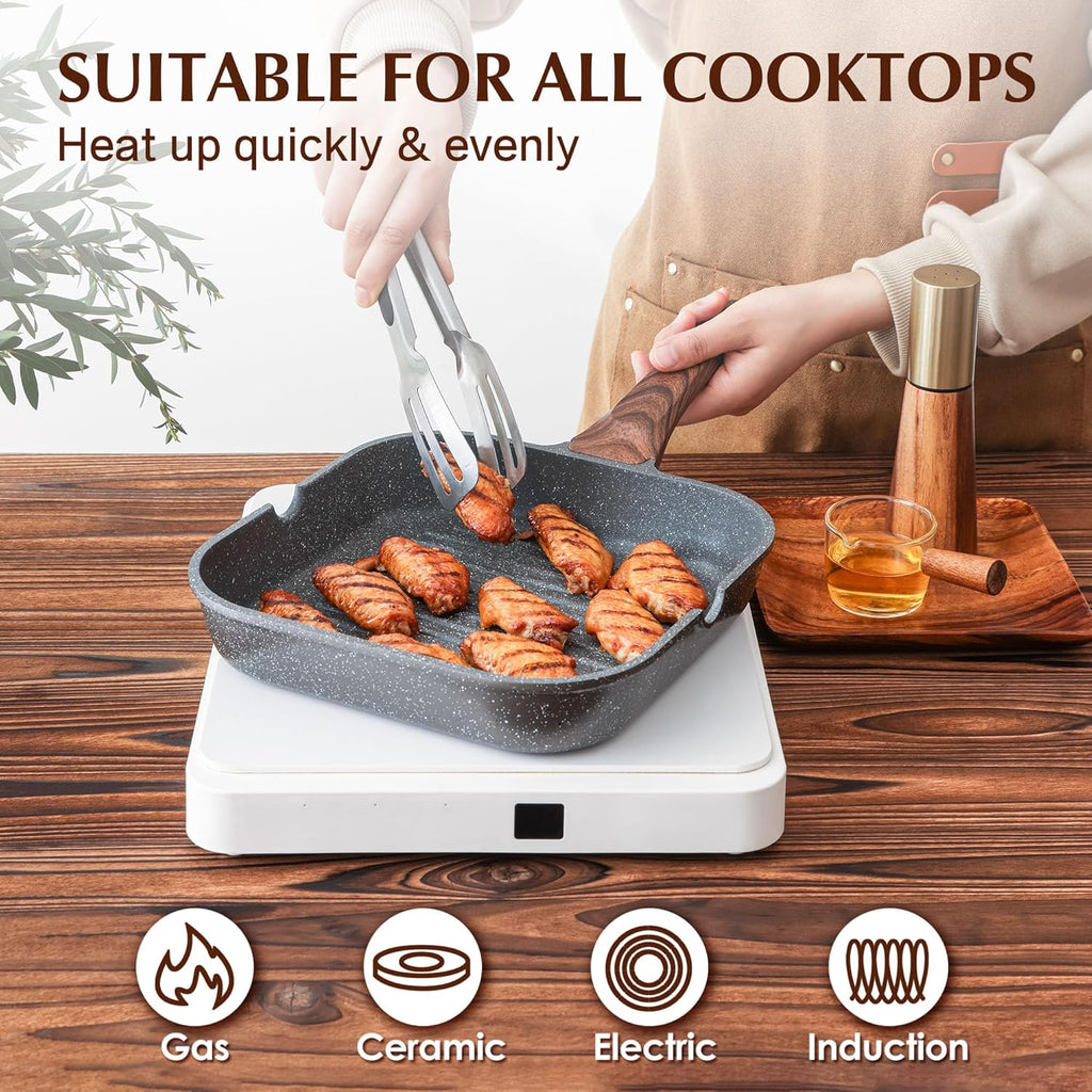 SENSARTE Nonstick Grill Pan - Versatile 9.5 Inch Griddle with Pour Spouts for Indoor & Outdoor Cooking