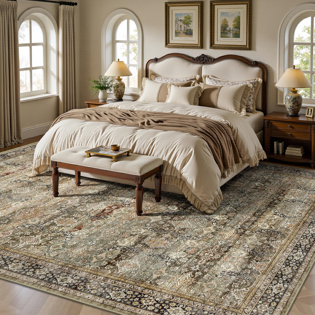 Yarooge 8x10 Area Rugs for Living Room - Washable Vintage Retro Large Rug, Soft Ultra Thin Non Slip Low Pile Traditional Distressed Boho Carpet for Bedroom Dining Room Home Office, Charcoal Olive