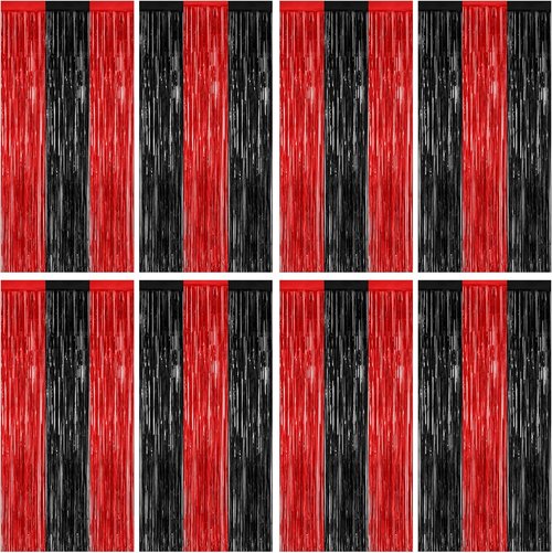 8 Pack Halloween Party Supplies - Red & Black Foil Streamers | Metallic Fringe Curtains Backdrop