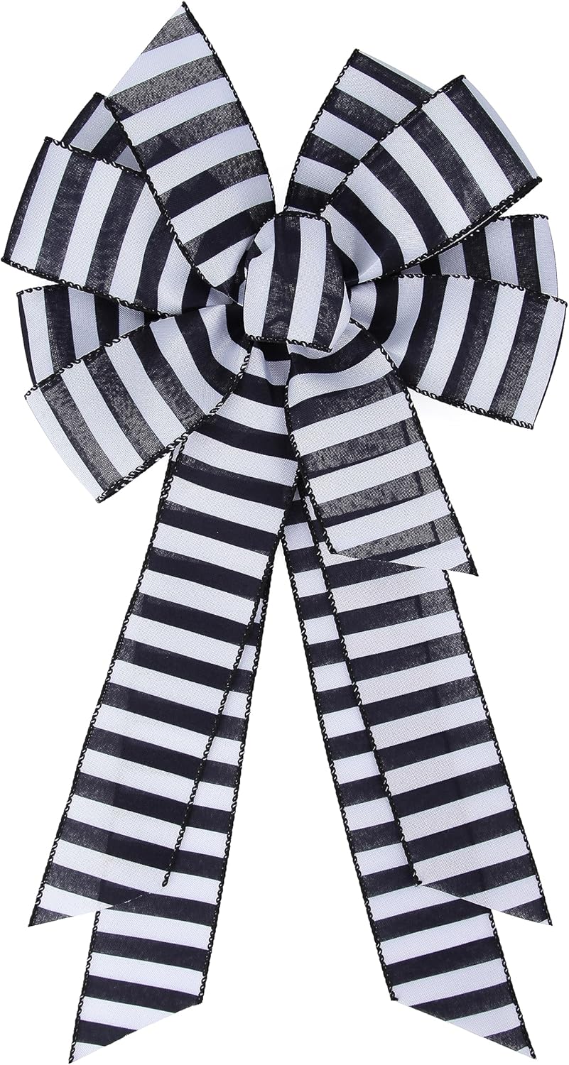 Meseey Christmas Ribbon Bow - Large Black and White Striped Design | 20 x 11 Inch for Wreaths & Decorations