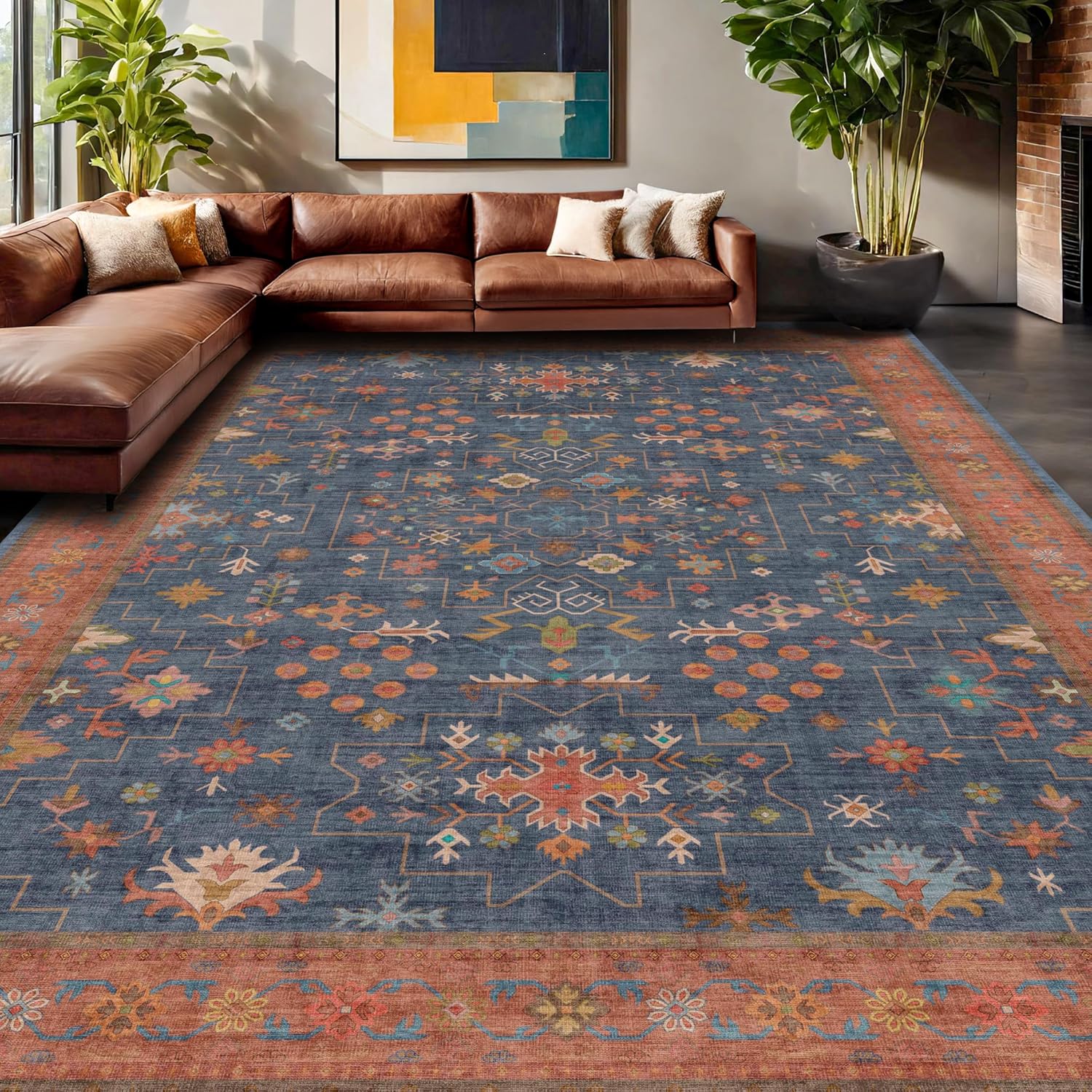 Boho Area Rug - Navy Blue Vintage Floral Design, Soft Low Pile, Non-Slip, 10x12 Size for Living Room & Dining Room