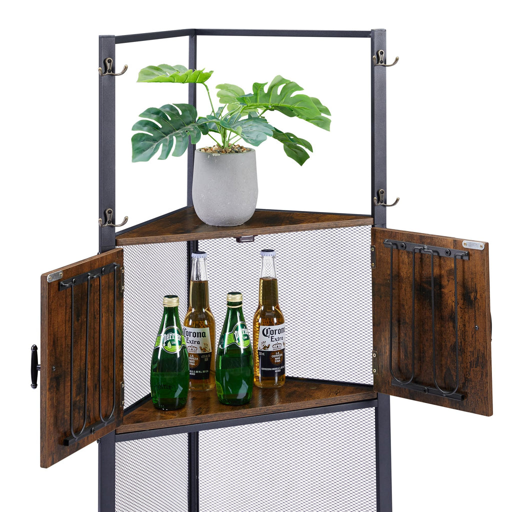 VECELO 4 Tier Corner Cabinet, 59" Tall Standing Organizer with 4 Dual-Hooks, Storage Rack, Narrow Bookshelf Display Shelves Rack for Wall Corner, Living Room, Kitchen, Bedroom, Office, Retro Brown