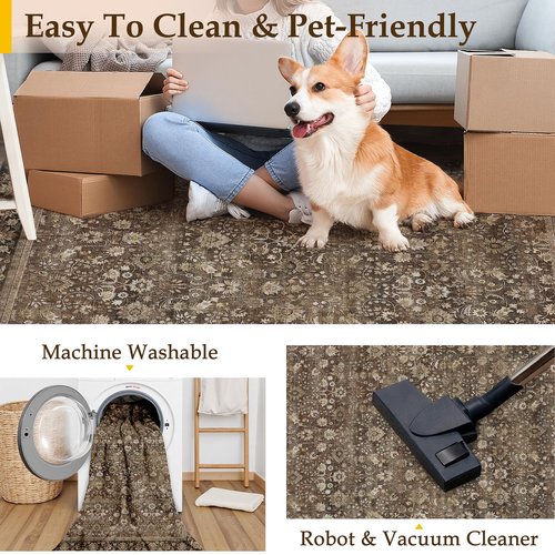 HUGEAR 2x8 Runner Rug Machine Washable Brown Hallway Area Rug Indoor Accent Rugs Floral Low Pile Carpet Soft Throw Rugs Bedroom Living Room Office Dining Kitchen Laundry Non Slip