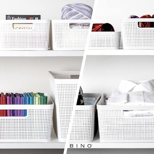 BINO Woven Plastic Basket - Medium White 4-Pack | Stylish Home Organization & Space-Saving Storage