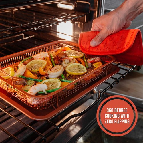 Chef Pomodoro Air Fryer Tray - Copper Crisper & Baking Pan Set for Toaster Oven | 2-Piece Rectangle