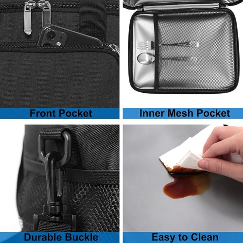 Femuar Insulated Lunch Box - Leakproof Reusable Cooler Bag for Work & Picnics - Adjustable Strap, Black