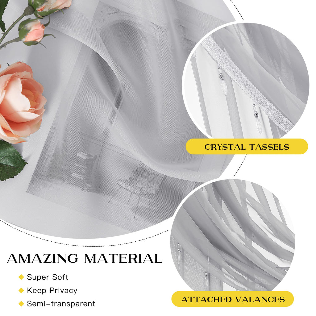 NICETOWN Sheer Curtain Elegant Voile Curtains for Living Room/Nursery, Victorian Drapes Rod Pocket, Light Grey & White