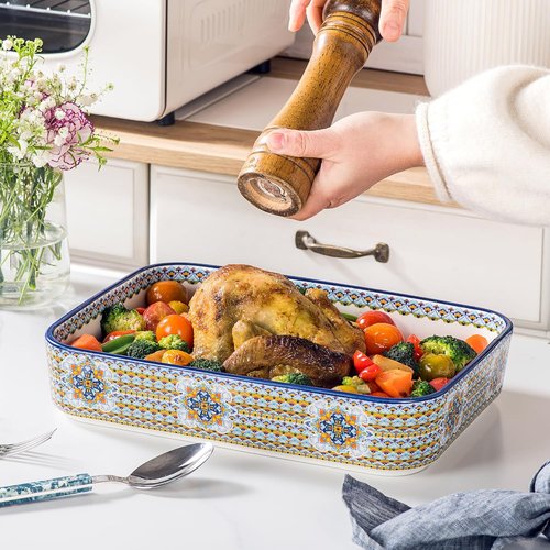 Boho Style Ceramic Baking Dishes Set of 3 | Rectangular Casserole Dishes for Oven, Roasting & Serving