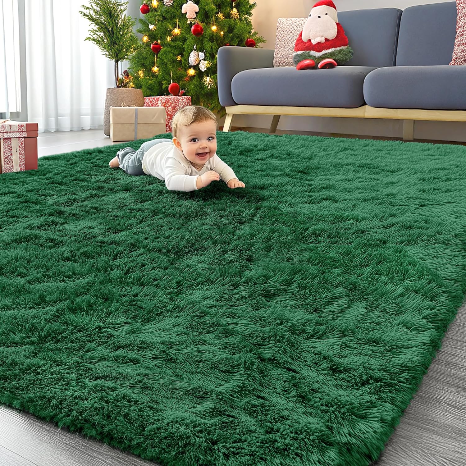 OLANLY Large Area Rug - Soft Fluffy Shaggy Carpet for Living Room & Bedroom | 8x10 Dark Green