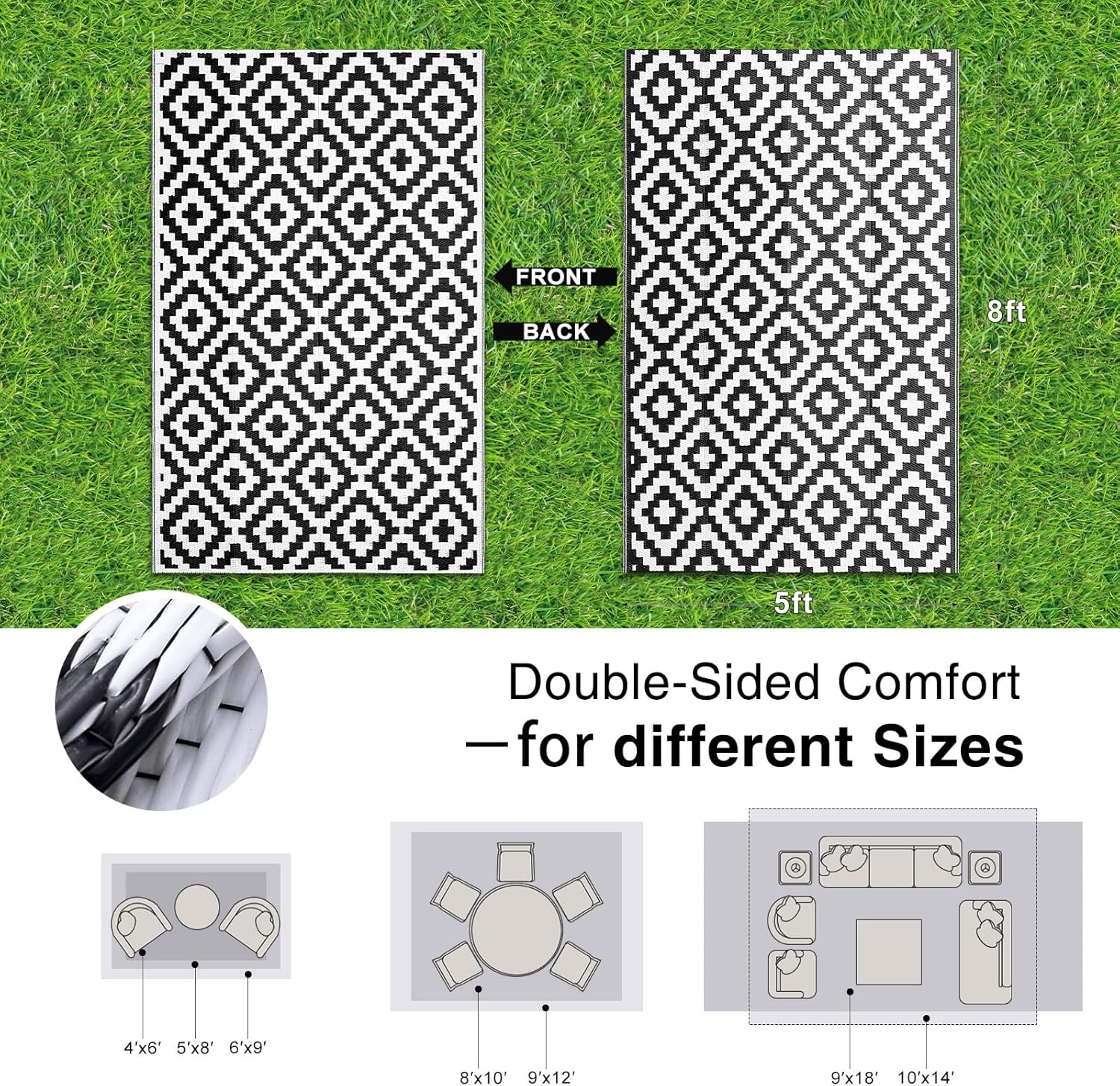 OLANLY Waterproof Outdoor Rug - Versatile 5x8 ft Plastic Straw Mat for Camping & Patio | Black & White