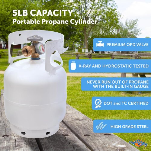 Flame King 5lb Steel Propane Tank Cylinder - Gauge & OPD Valves for Grills, BBQs, Camping & Outdoors | White