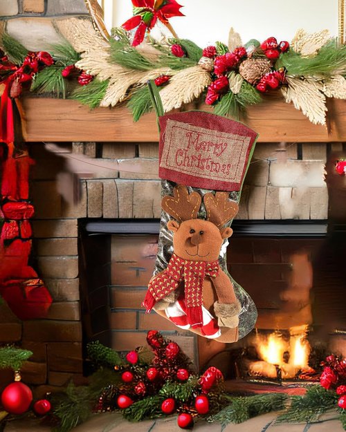 iStatue Large Christmas Stockings - 18'' Tall 3D Plush Fabric with Deer Ornaments | Personalized Xmas Gift Bag for Kids & Adults