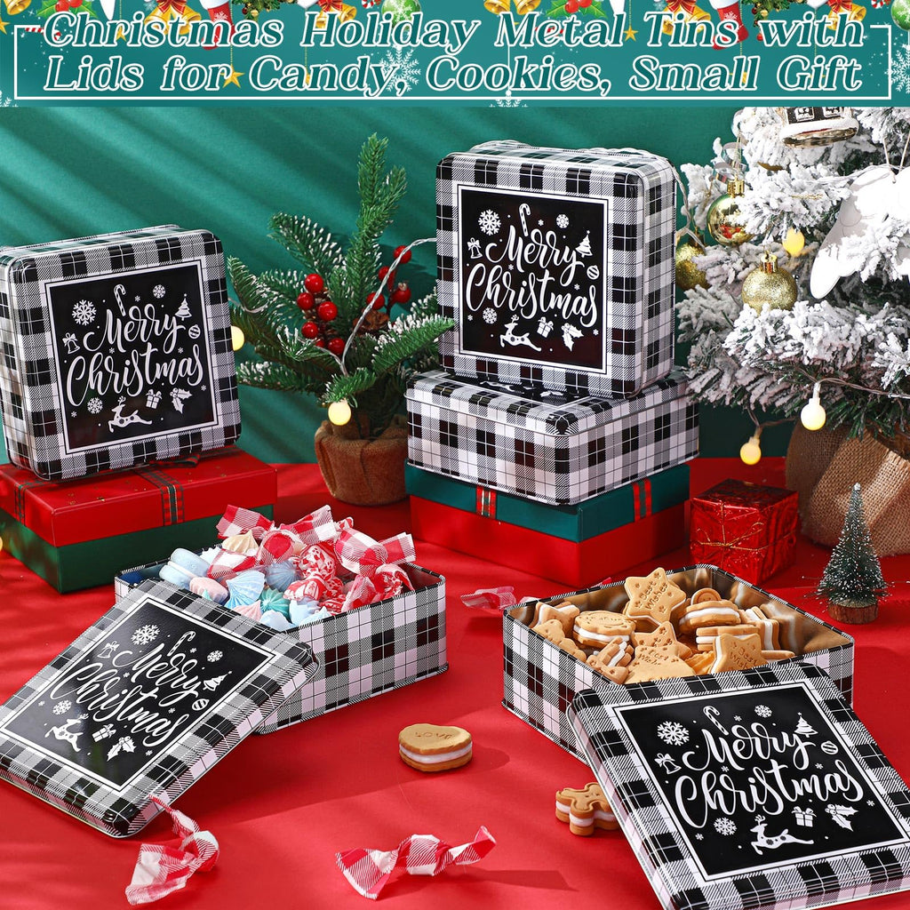 Tandefio 12 Pcs 6.3'' Christmas Cookie Tins Large Cookie Tins with Lids Square Baking Jars for Gift Giving Black and White Plaid Metal Container Holiday Empty Box for Xmas Candy Treat Storage