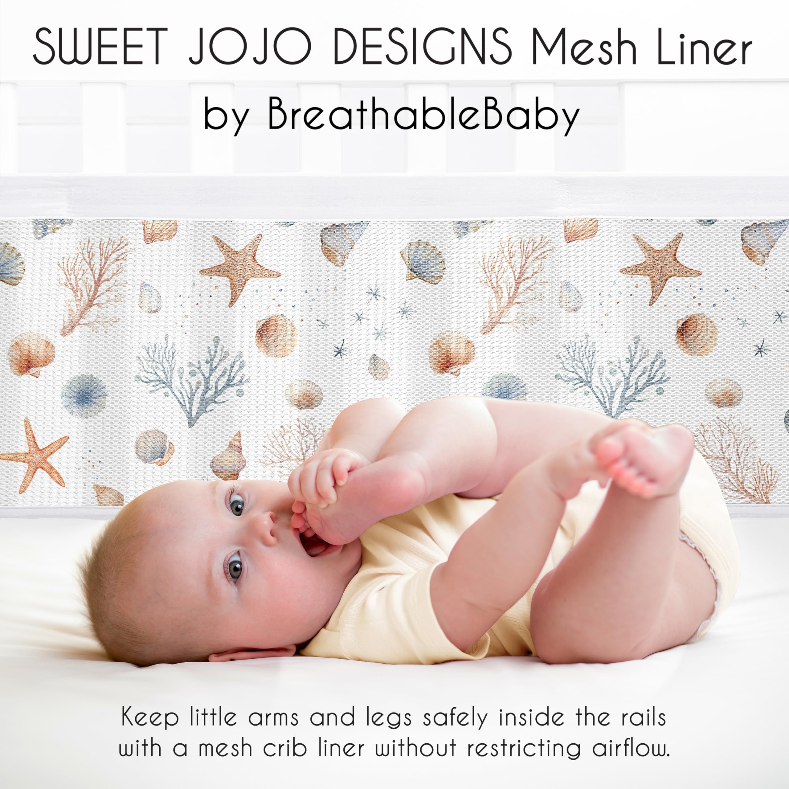 Sweet Jojo Designs + BreathableBaby 2-Piece Breathable Mesh Crib Liner Set (Ocean Seashells) for Boys/Girls, Baby, Infants/Newborn Nursery (Nautical, Beach Theme, Watercolor, Starfish, Coastal, Sea)