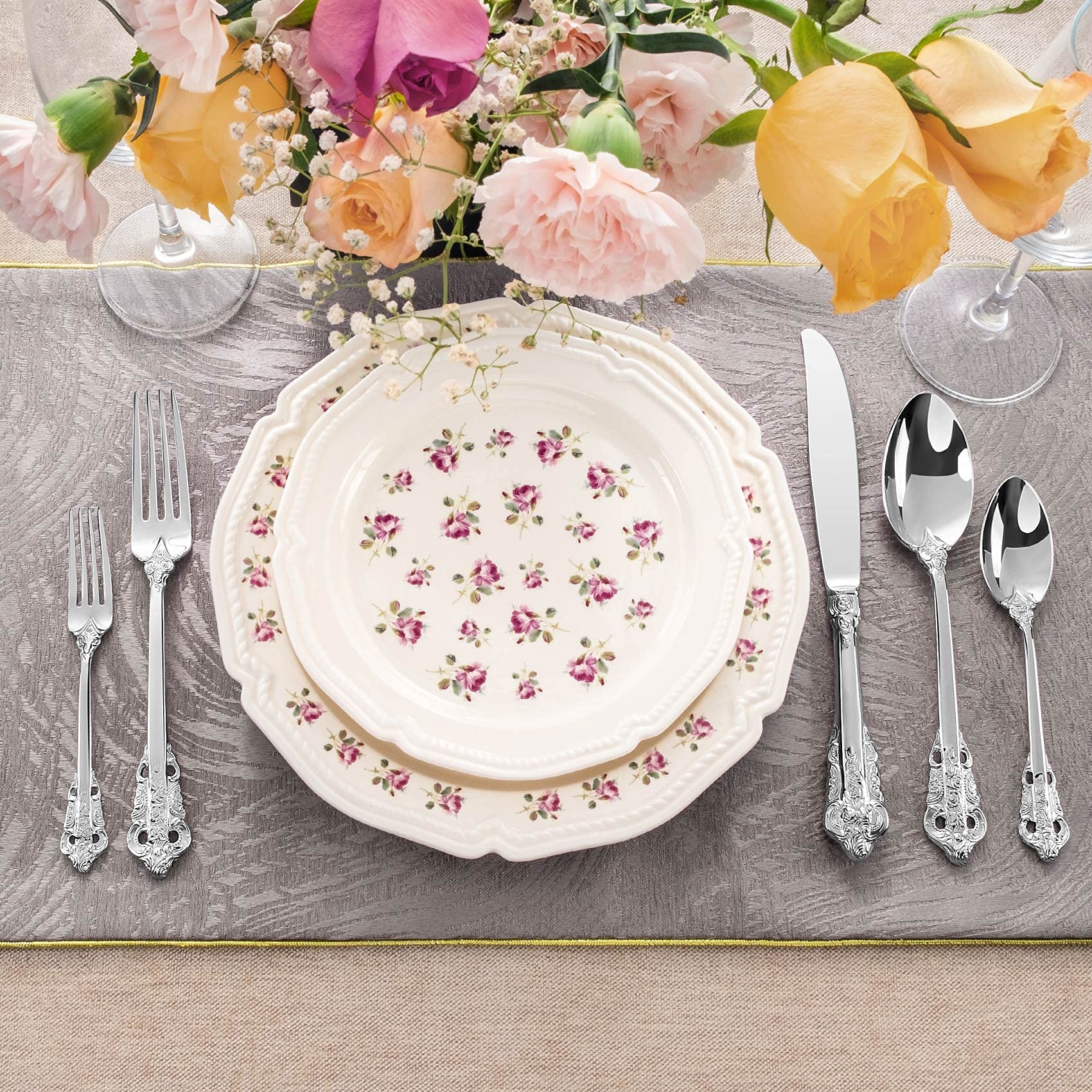 KEAWELL Luxury 20 Pieces 18/10 Stainless Steel Flatware set, Service for 4, silver plated with gold accents, Fine Silverware set and Dishwasher Safe (Silver)