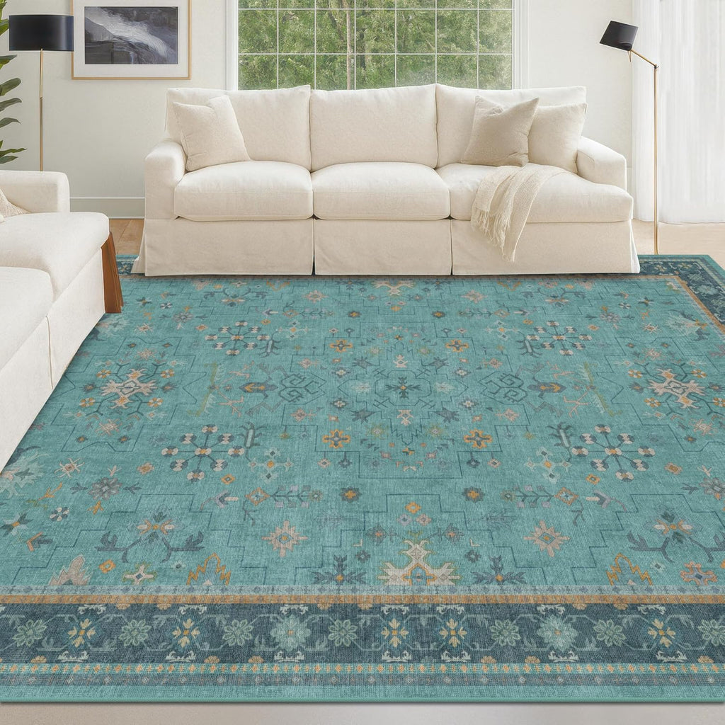 Skiennix 5x7 Teal Rug - Boho Turquoise Living Room Carpet | Washable Non-Slip Design