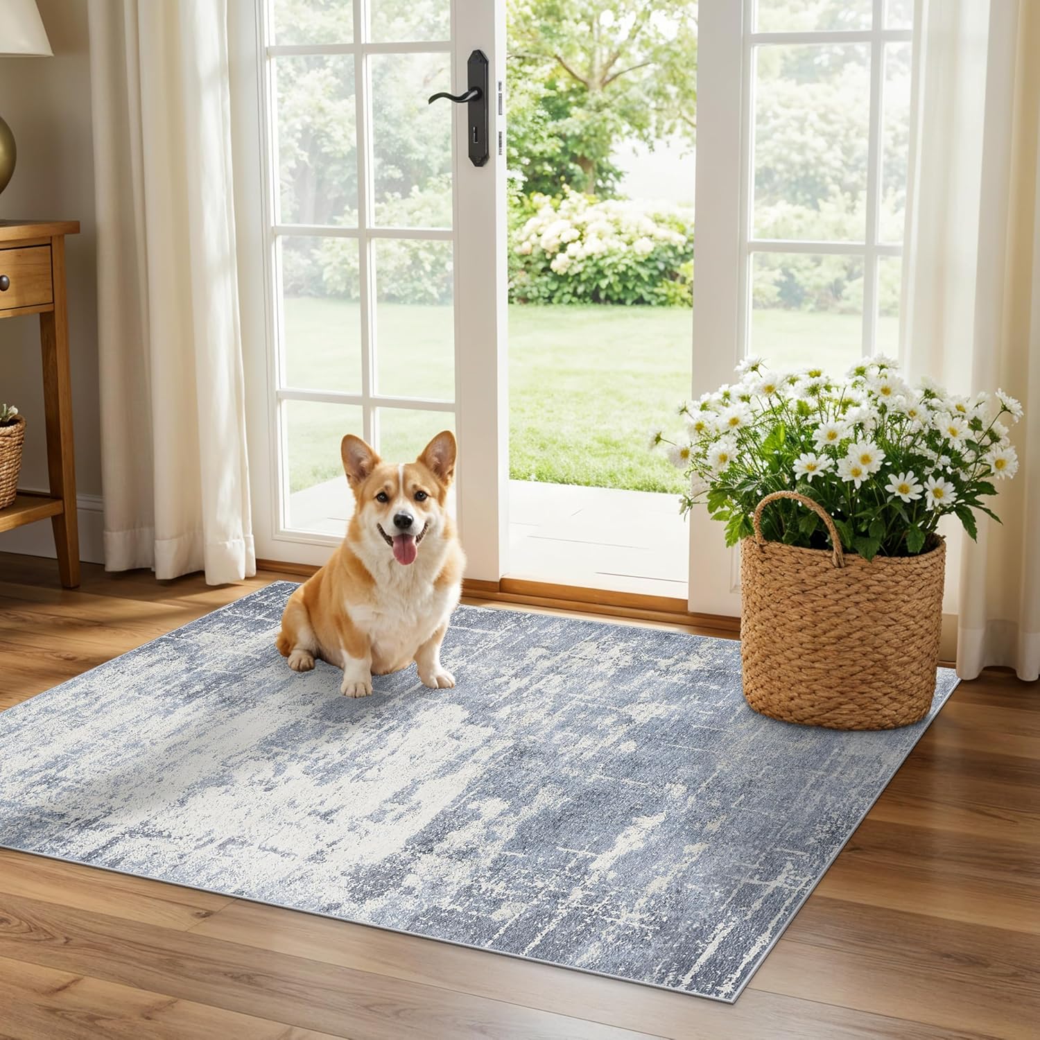 Skiennix Washable 2x3 Entryway Area Rug - Modern Abstract Soft Non-Slip Floor Mat in Blue/Ivory