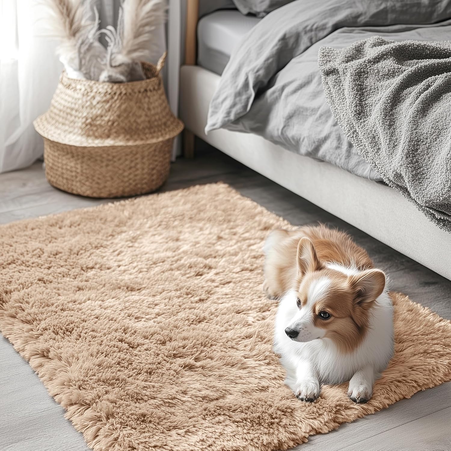 OLANLY Small Bedside Rug - Soft Fluffy Shaggy Throw Rug for Bedroom & Living Room | Beige 2x3 ft