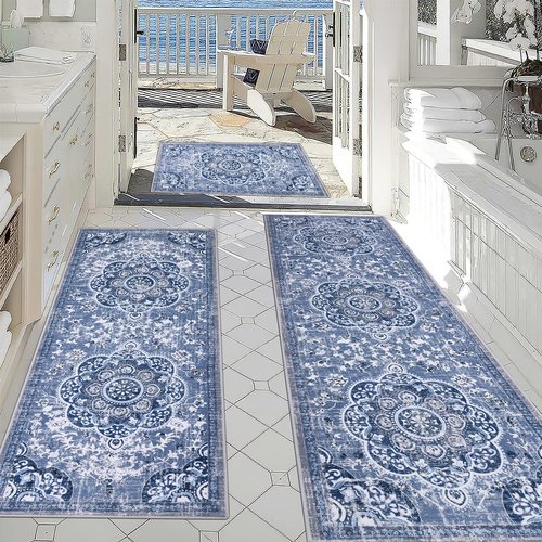 Ileading Boho Kitchen Rugs Sets 3 Piece with Runner Floral Kitchen Floor Mat Carpet Large Farmhouse Kitchen Rugs and Mats Non Skid Washable Runner Rug for Kitchen Floor Office Sink Laundry, Blue