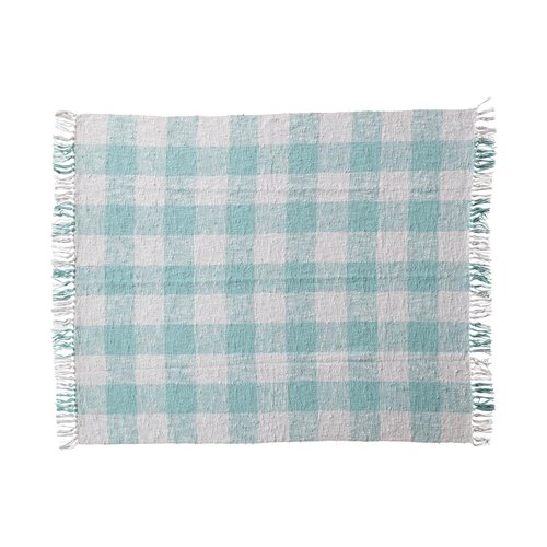 Creative Co-Op Hand-Woven Cotton Throw with Plaid Pattern and Fringe, Mint and Cream