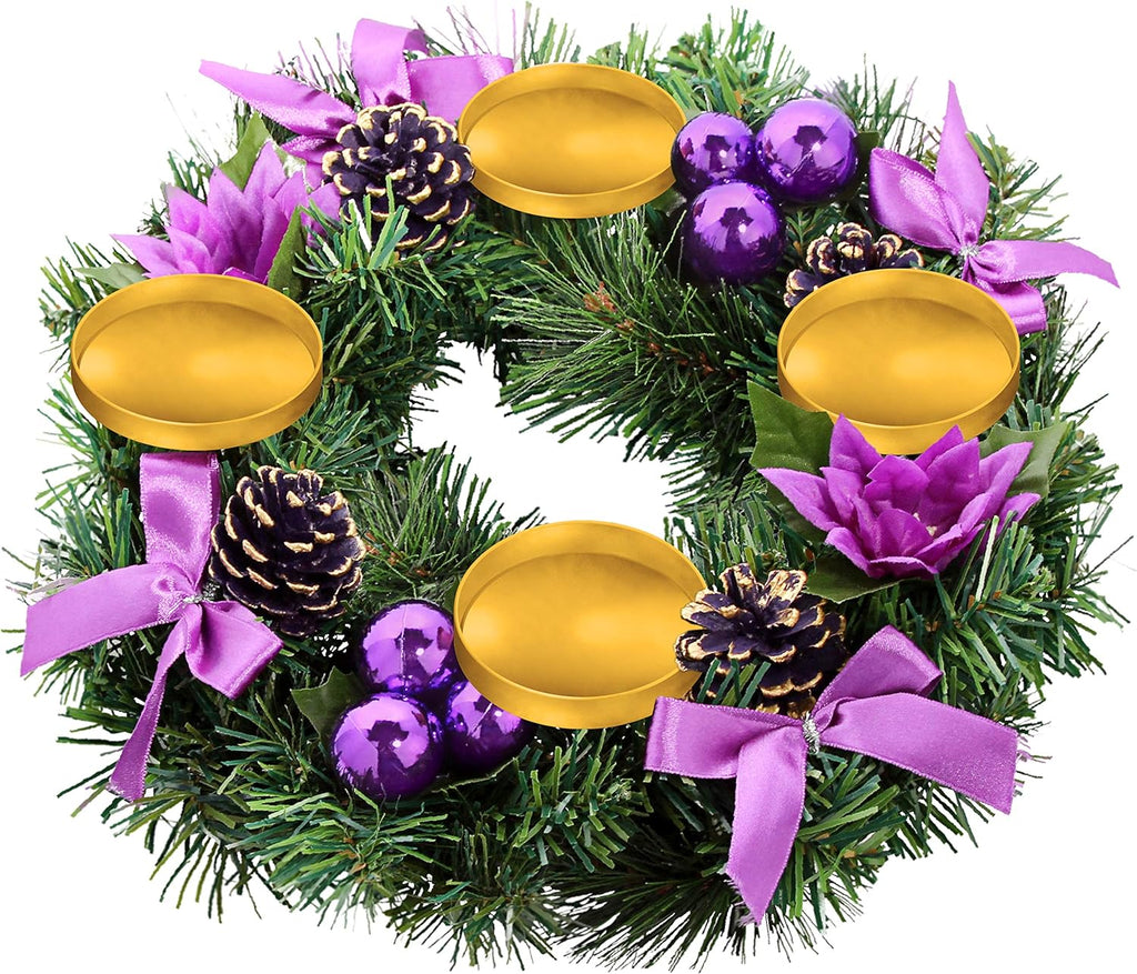 Purple Ribbon Advent Wreath Ring Candle Holder - Large Pillar Candle Stand for Christmas Decor