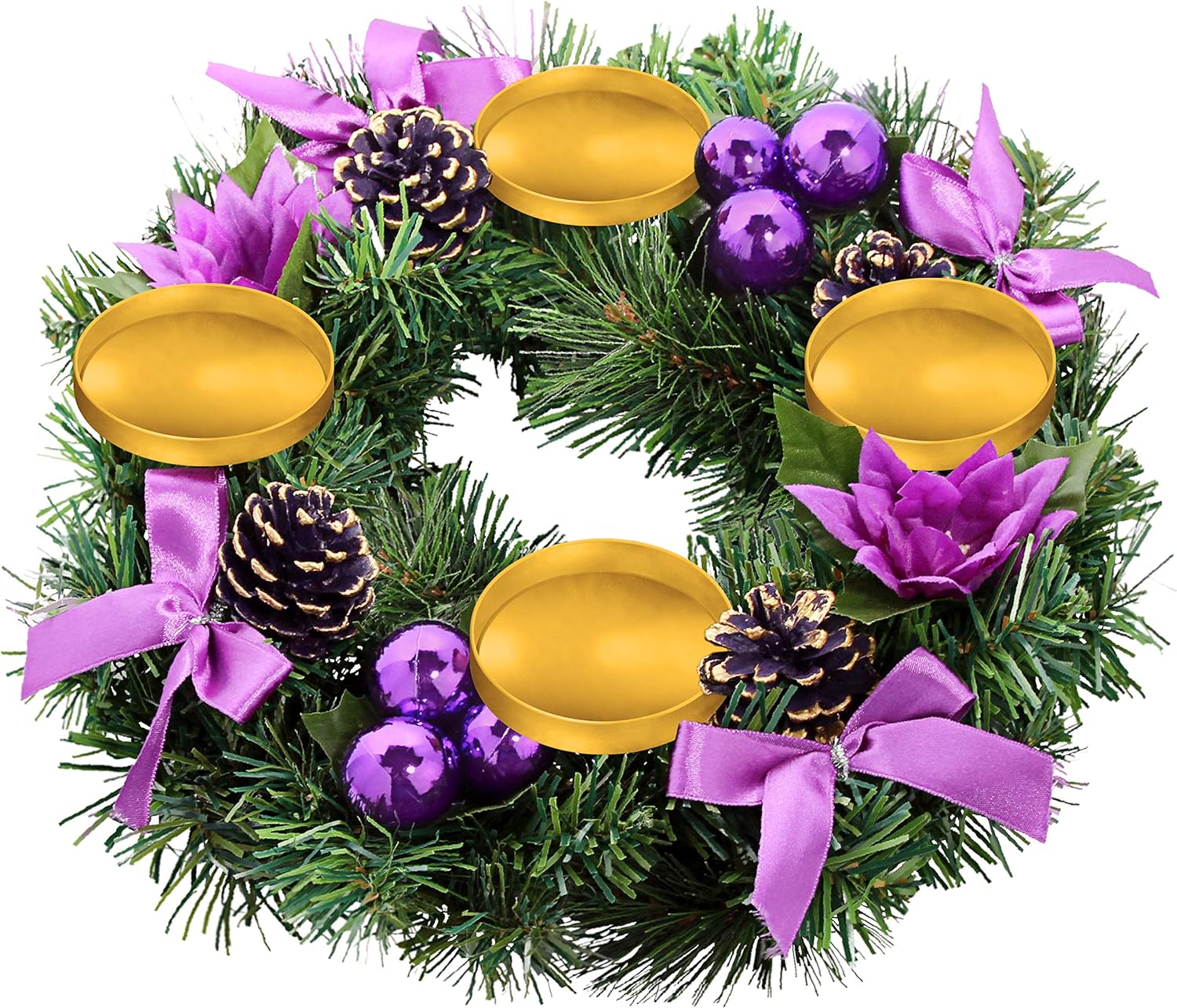 Purple Ribbon Advent Wreath Ring Candle Holder - Large Pillar Candle Stand for Christmas Decor