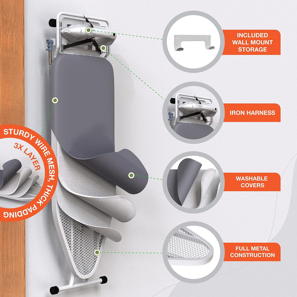 Xabitat Full Size Ironing Board - 57" X 18" with Wall Mount Hanger & Built-In Iron Caddy