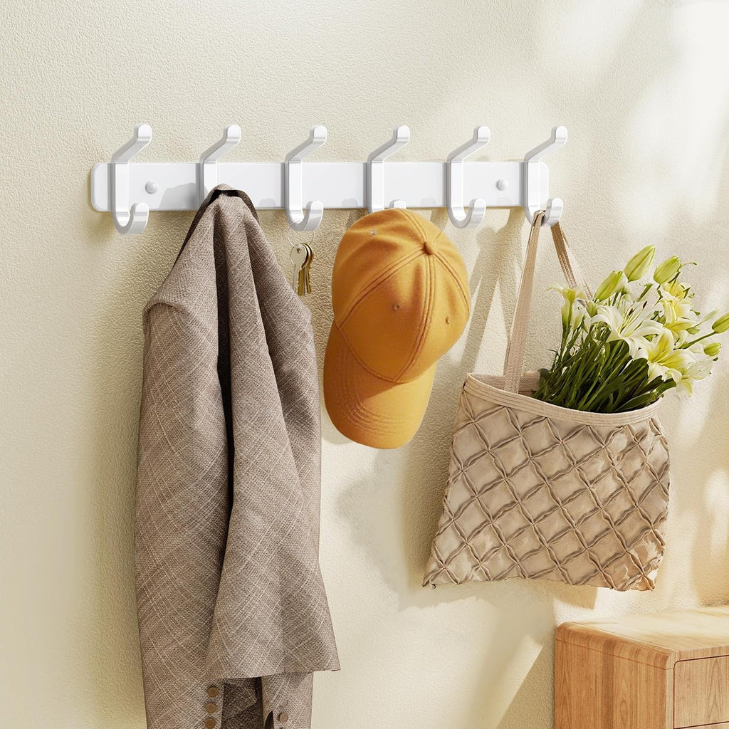 Pickpiff Coat Rack - Heavy-Duty Wall Mounted Metal Hanger with 6 Hooks for Hats, Clothes & More | White, 2 Pack