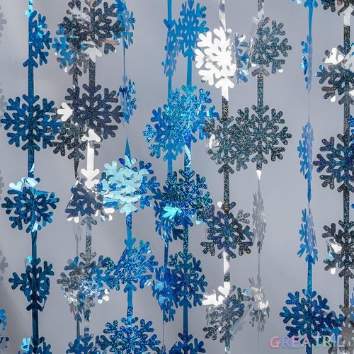 GREATRIL Silver Blue Snowflake Fringe Curtain - Sparkling Winter Backdrop for Christmas & Birthdays - 3.2ft x 6.5ft - 2 Pack