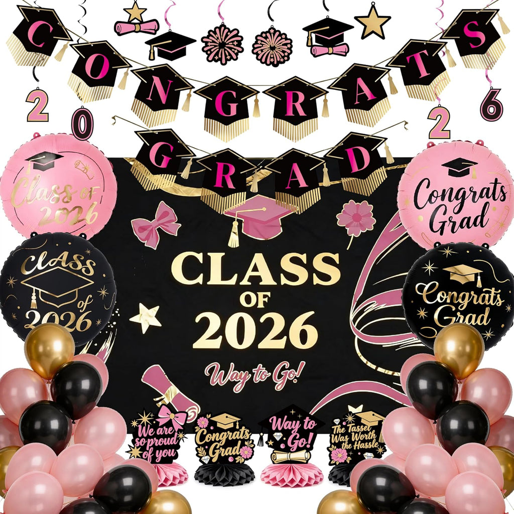 PartyWoo Graduation Decorations - Class of 2026 Black, Pink & Gold 40pcs Set with Backdrop & Balloons